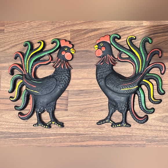 Vintage Other - 2 Vintage Black Hand Painted Cast Iron Mid Century Chanticleer Roosters.